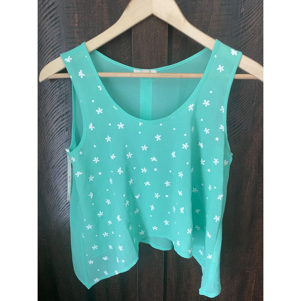 Mint Green Floral Sleeveless Blouse Small Sheer Layered Summer Tank Top